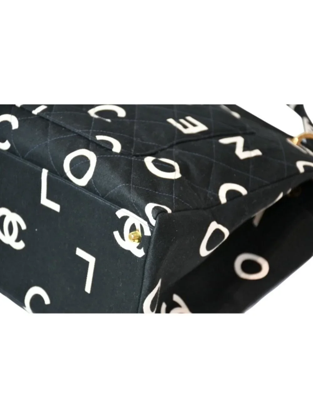 Chanel Handbag Quilted Black White Cotton Canvas Gold